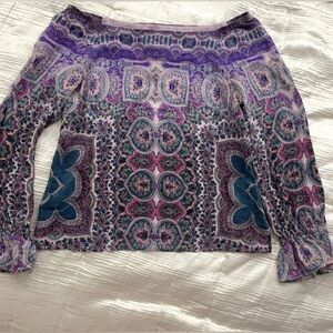 Nanette Lepore Women Blouse Size 6 Purple Silk Colorful Scarf Print Ruffle Cuff
